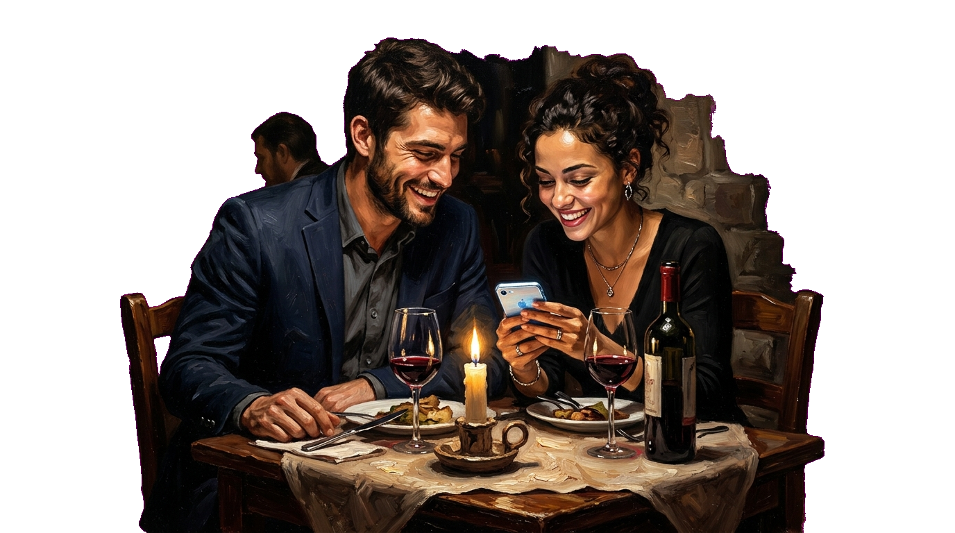 Una pintura al óleo estilo barroco recortada de una pareja cenando feliz en una cita romántica.