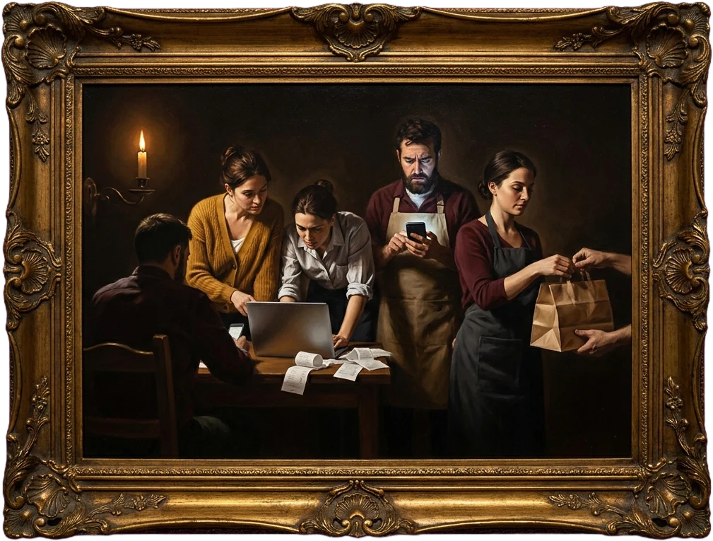 Una pintura barroca enmarcada en dorado: cinco trabajadores de un restaurante a la luz de una vela — un cliente sentado de espaldas, dos revisando cuentas en una laptop entre recibos, uno leyendo un mensaje en el celular y una moza entregando una bolsa de delivery a una mano que entra desde fuera del cuadro.