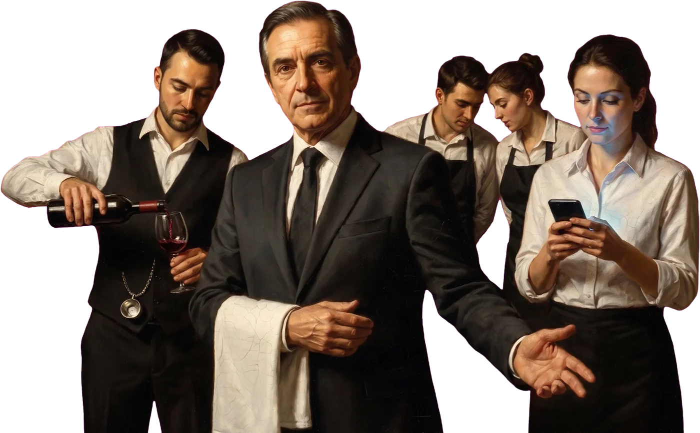 Un maître dirigiendo el salón, un sommelier sirviendo vino, una gerente leyendo un mensaje en el celular y dos mozos conversando.
